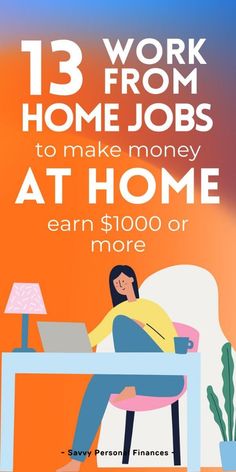 a woman sitting at a desk with her laptop on it and the words work from home jobs to make money at home earn $ 500 or more