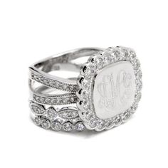 "Monogrammed Stacked Ring   This Sterling Silver Stackable Ring is a must have! It looks so pretty on and goes with everything....  It  features sparkling CZ stones around the engravable ring face as well as halfway around the split band. Includes two additional decorative stackable bands with CZ stones halfway around them. The squared ring face measures approximately 0.06\"  Available in Silver or Gold  Sizes available are 6-9 Sterling Silver 1.Please comment with with initial or Monogram Initi Stackable Rings Silver, Monogram Ring, Monogram Jewelry, Personalized Rings, Cz Ring, Stackable Ring, Split Ring, Engraved Rings, Ring Sterling Silver