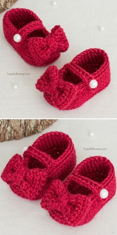 crocheted baby booties with buttons are shown in two different views, one is red and the other is white