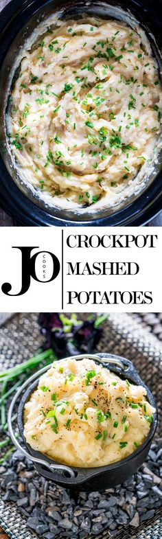 two pictures of mashed potatoes in a crock pot