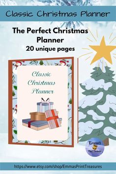 the perfect christmas planner with presents on it and a tree in the snow behind it