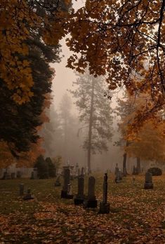 foggy graveyard with headstones in the foreground and autumn leaves on the ground