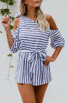 #sponsored #ad Single Shoulder Collar Striped Jumpsuit | Summer 2020 Collection! $27 OFF $155+ Orders, w/code: SC27 ☝ SHOP ☝ 90s outfits, summer outfits beach, cute summer outfits #beachoutfits #jumpsuit Rompers Online, Belted Romper, Casual Rompers, Cute Rompers, Striped Rompers, Striped Jumpsuit, Playsuit Romper