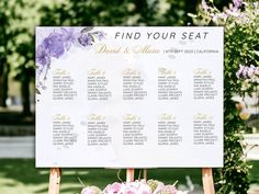 a seating chart with purple flowers on it