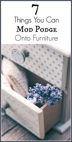 a wooden box with blue flowers in it and the words 7 things you can mod podge onto furniture