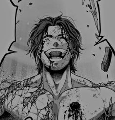 a drawing of a man with blood on his face and chest, holding a knife