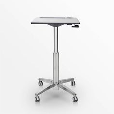 an office desk with wheels and a glass top on the back side, against a white background