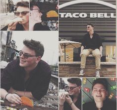 a collage of photos with people eating food and drinking beer in front of a taco bell sign