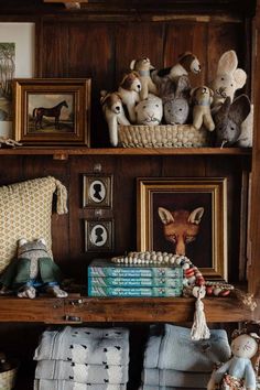 there are many stuffed animals on the bookshelf in this room with pictures and other items