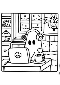 a black and white drawing of a cartoon character working on a laptop with coffee in front of him