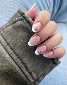 #nails #cherry Cherry Accent Nail, Cocette Aesthetic Nails, French Nails With Cherry, Square French Tip Nails With Design, Cherry Nail Ideas, Cherry French Nails, Cute Cherry Nails