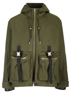 Olive green water-repellent compact cotton parka from Loewe with regular fit, detachable padded interior and can be worn separately.Collar with hood and leather drawstring,Velcro tabs on cuffs, two-way front zip closure, zip pockets, internal welt pockets, adjustable drawstring hem. Green Utility Jacket With Detachable Hood, Olive Hooded Utility Parka, Green Utility Windbreaker With Detachable Hood, Green Utility Outerwear With Drawstring Hood, Khaki Waterproof Utility Parka, Khaki Utility Waterproof Parka, Green Utility Jacket With Adjustable Hood For Outdoor, Green Cotton Parka With Pockets, Techwear Cotton Parka With Drawstring Hood