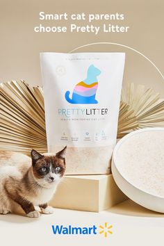 a cat sitting next to a bag of pretty litter