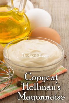 an image of mayonnaise and eggs on a table with the words copycat hellman's mayonnaise