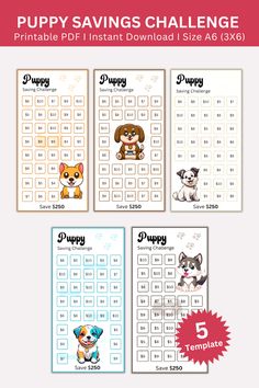 the puppy savings challenge is shown in three different colors and sizes, including one for each dog