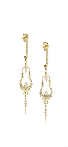 Ohhh la la, we're in love with these earrings. These 14kt yellow gold earrings feature a gorgeous mandala diamond dangle design that can slide on and off of a minimalist diamond bar stud. Celine knows what we like! Earrings are sold as a set and made for pierced ears. Designer: Celine Daoust, handmade in Brussels. Fine Jewelry Dangle Earrings With Single Cut Diamonds, Timeless Dangle Earrings With Diamond Accents, Fine Jewelry Drop Earrings With Single Cut Diamonds, Luxury Elegant Diamond Linear Earrings, Fine Jewelry Diamond Chandelier Earrings, Timeless Dangle Earrings With Single Cut Diamonds, 14k Gold Diamond White Pierced Earrings, Timeless Dangle Diamond Earrings, Single Dangle Diamond Earring