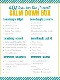 40 Ideas for the Perfect Calm Down Box | Social emotional skills, Social emotional learning, Social emotional activities Grounding Box Ideas, Therapy Box Ideas, Calm Box Ideas, Calming Transition Activities, Calm Down Crafts, Coping Skills Box, Sensory Coping Skills, Calm Down Quickly, Calming Art Activities