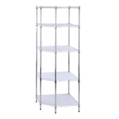 three tiered shelving unit with white shelves on each side and one shelf in the middle