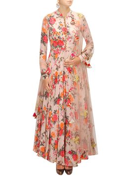 BHUMIKA SHARMA Pink floral print embroidered anarkali set available only at Pernia's Pop-Up Shop. Indian Gowns Dresses, Indian Gowns, Kurta Designs, Indian Designer Wear, Pakistani Fashion