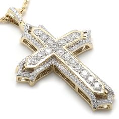 The Zeke Pendant A bold expression of faith, this amazing cross is a treasured symbol. Fashioned with lab grown diamonds totaling 6.00 carat, with a color ranking of I-J and a clarity of VS-SI. This 3 dimensional religious symbol is created in 14K yellow gold and is suspended on a rope chain with a lobster clasp. This item is Sku number 454801 An IGL certificate can be requested, please allow the Lab time for certifying, a possible 2 weeks for shipping. We will ship sooner when possible. If you Gents Pendant, Cross Pendant Men, Golden Cross, Man Jewelry, Gold Cross Necklace, Diamond Cross, Cross Ring, Christian Jewelry, Mens Pendant