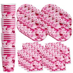 pink camo party supplies including plates, cups and napkins