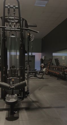 an empty gym with rows of exercise equipment