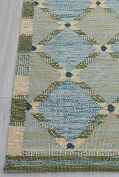 a blue and green rug on the floor