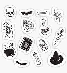 various halloween stickers are shown in black and white, including a hat, skull, bat