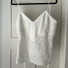 Zara White Linen Tank. Size L-Never Worn Sleeveless Linen Top With Lace Trim, Summer Linen Tops With Lace Trim, Elegant White Camisole For Brunch, Elegant White Linen Tank Top, White Linen Camisole, White Linen Spaghetti Strap Tops, White Linen Top With Lace Trim, Zara Summer Tops With Lace Trim, White Linen Camisole Top