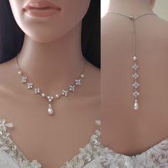 two pictures of the back of a woman's wedding dress with pearls on it