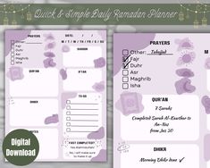 a purple and white printable daily planner with the words,'quick simple daily ramaan