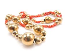 Vintage 14K Yellow Gold and Coral Bead Necklace - 36-inch Long Single Strand Coral Beads Necklace, Vintage Necklaces, Coral And Gold, Pink Coral, Coral Beads, Red Silk, Color Contrast, White Topaz, Gold Beads