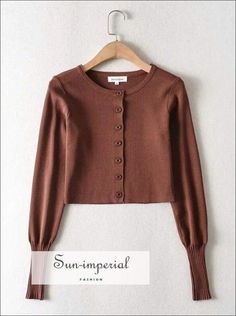 Women Brown Cropped Knit Long Sleeve Cardigan with Chunky Rib Sleeve Trim Brown Buttoned Cardigan For Spring, Spring Brown Sweater With Buttons, Buttoned Cardigan For Fall, Imperial Fashion, Table S, Short O, Knit Long Sleeve, Solid Clothes, Sleeve Cardigan