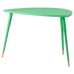 a green table with gold legs on a white background in an image that appears to be from the side