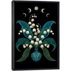 a blue vase filled with white flowers on top of a black wall mounted art piece