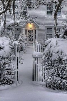 a white house covered in snow next to trees and bushes with a light on the door