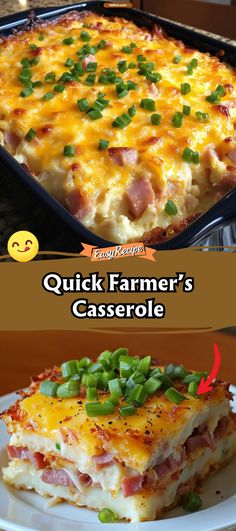 a casserole with ham and green onions on top is shown in two different pictures