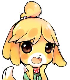 a drawing of a dog with big eyes and a bow on its head, sitting down