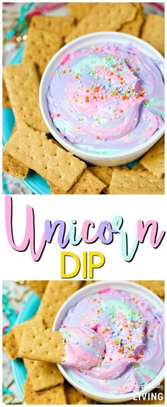 unicorn dip with sprinkles on top and crackers in the background text overlay reads, unicorn dip