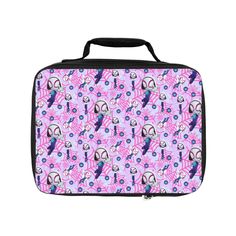 a pink and black lunch box with cartoon characters all over the front, on a white background