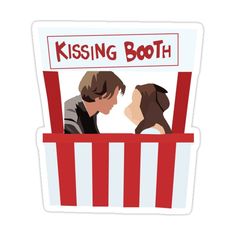 kissing booth sticker with two people in the booth and one person looking at each other