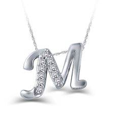 Sparkly stylized diamond initial pendant letter “M” in white gold script. The letter is more than 1/4  inch high, and a great way to personalize your style. Necklace is 18 inches with a 2 inch shortening loop. Silver Diamond Initial Pendant Necklace, Silver Initial Necklace With Diamond Accents, Silver Diamond Initial Necklace With Diamond Accents, Silver Diamond Initial Necklace With Accents, Silver Sterling Diamond Necklace With Initials, White Gold Initial Pendant Necklace With Diamond Accents, White Gold Sterling Silver Initial Necklace With Diamond Accents, Silver Diamond Monogram Initial Necklace, Silver Diamond Accent Initial Pendant Necklace