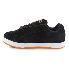 a black and orange sneaker with white soles