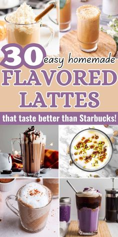 collage of espresso based drinks with milk with text easy homemade flavored lattes. Flavored Latte Recipes, Latte Flavor Ideas, Breakfast Beverages, Speciality Coffee Recipes, Barista Recipe, Iced Latte Recipe