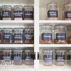 the pantry shelves are filled with various types of food and spices, including granola