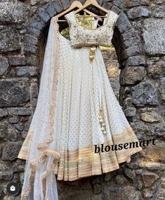 White zari buti lehenga with silk blouse and net Dupatta. Will customize in any color and size. Embroidered Bustier, Georgette Lehenga, Zardozi Embroidery, Zari Work, Wedding Lehenga, Net Dupatta, Georgette Fabric, Indian Ethnic Wear, Gathered Skirt