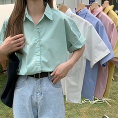 Basic Button Up Shirt (5 Colors) Style Essence, 1980s Women, Funky Shirts, Black Button Up Shirt, Blue Shorts Men, Short Sleeve Shirt Women, Teenage Fashion, Korean Casual, Crop Top Outfits