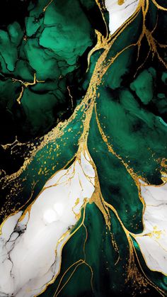 an abstract painting with green and gold paint on it's surface, as if from above