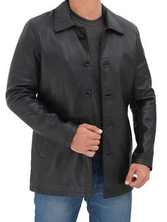 Black Leather Coat For Men To have a classic and stylish statement. Try this black leather coat to perfect look. It is made of high-quality real leather and internal viscose lining with high professionals. You can team it up with a suit, t-shirt, shirt, and other outwears and have an everyday casual look. Specification: Material: Real Leather, Viscose Lining Front: Button Closure, Classic Collar Pockets: Two Outside Pockets, Two Inside Pockets Color: Black Leather Coat For Men, Mens Leather Coats, Coat For Men, Black Leather Coat, Coat Style, Car Coat, Mens Black Leather, Black Car, Lambskin Leather