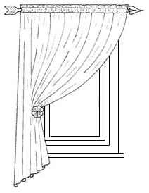 a line drawing of a window with curtains on the side and an arrow at the top